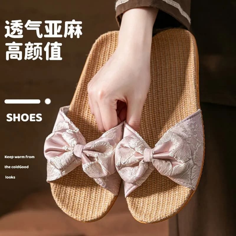 Summer New Linen Slippers, Chinese-Style Bow Indoor Home Quiet Slippers, Women's Casual Anti-Slip Cool Slippers