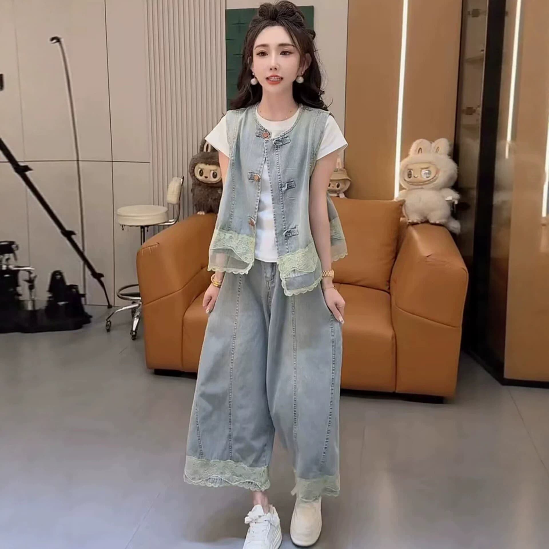 Summer New Fashion Lace Splicing Denim Vest Wide-Leg Pants Set for Women, New Chinese-Style Trendy Two-Piece Outfit