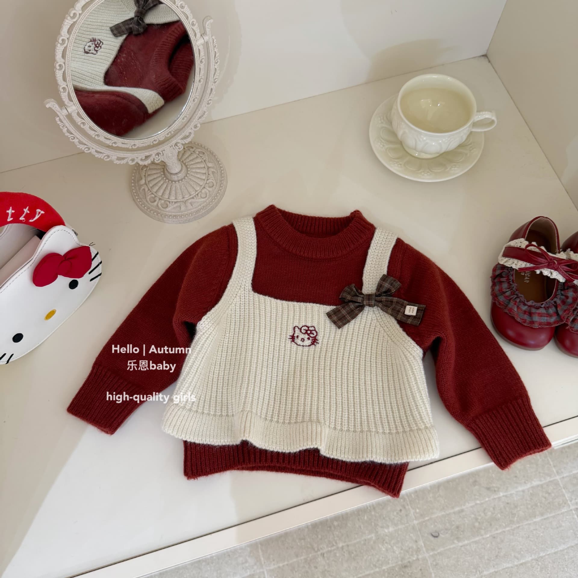[Leen Children's Clothing] Original design winter girls red fake two-piece KT sweater baby thick knitted pullover