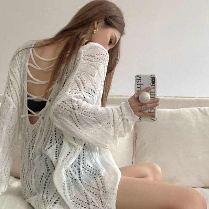 White Hollow Backless Knitted Top Sexy Strap Long Sleeve Beach Knitted Blouse Plus Size Women's Clothing Export Summer