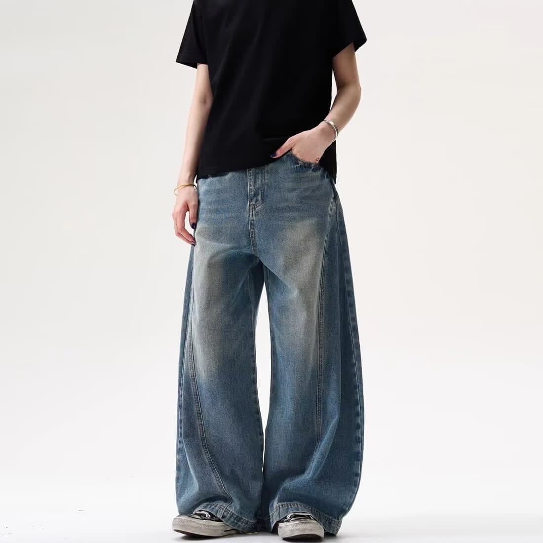 Cross-Border American Retro Curved Knife Jeans, Unisex Small Design Loose Wide-Leg Rogue Hip-Hop Straight Jeans Long Pants