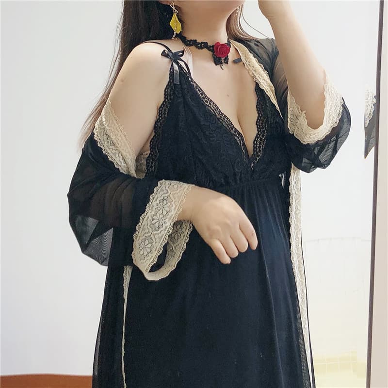 Xia Fat mm Plus Size Pajamas for Women 100kg Sexy Lace V-Neck Suspender Belt with Bra Pad Two-Piece Set Ice Silk Nightgown Thin
