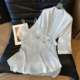 Sweet Bow Camisole Sleep Dress and Bathrobe Two-Piece Set, Summer Small Bust High-End Feel Cutout Lace Loungewear Set