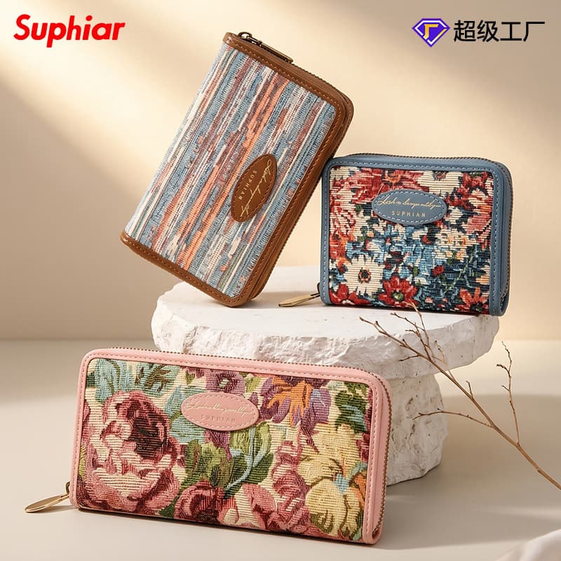 New European and American Women's Wallet Coin Purse Foldable Long Medium Short Chinese Style Zipper Clutch Flower Canvas Wallet