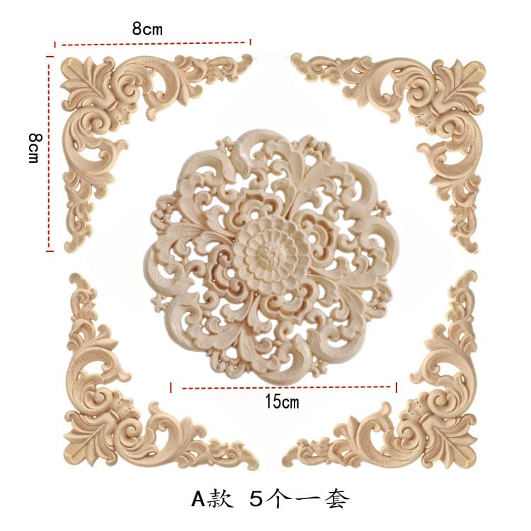 Dongyang Wood Carving Round Door Center Decoration, European Style Solid Wood Applique, Hollow Corner Flower Patch for Kitchen and Bedroom Cabinets
