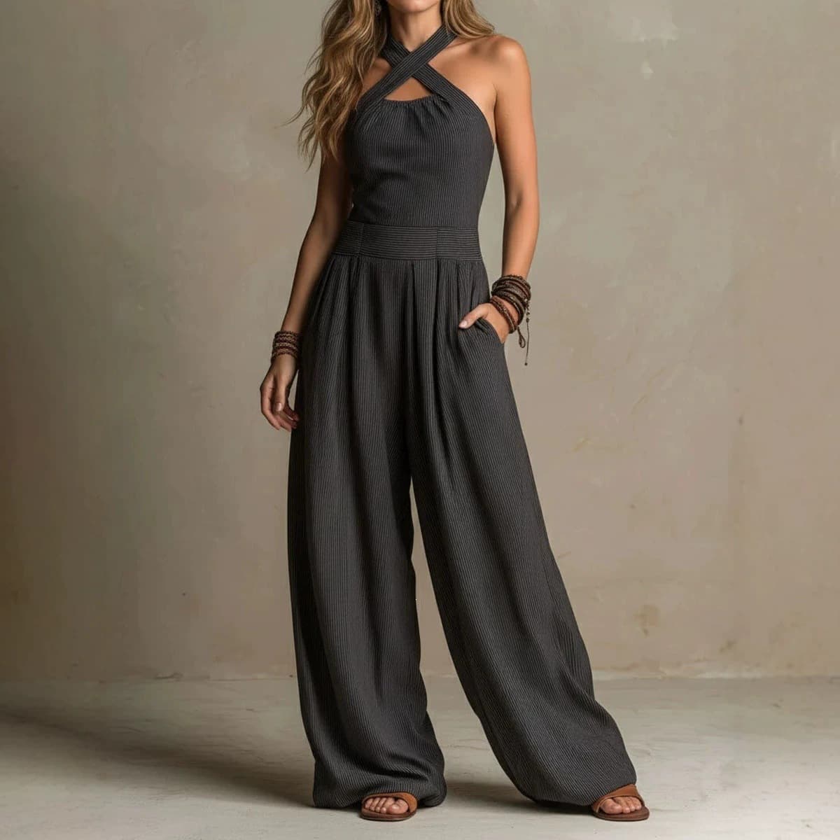2026 New Women's Cross Neck Hollow Jumpsuit Knitted Flowy Loose Wide Leg Jumpsuit