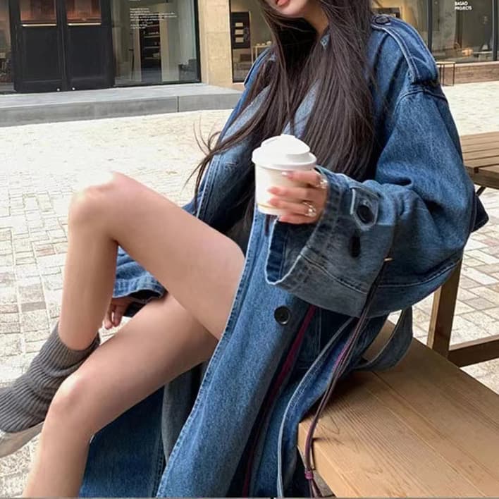In Stock 2024 Fall New Premium Casual Long Vintage Denim Trench Coat Loose Fit Slimming