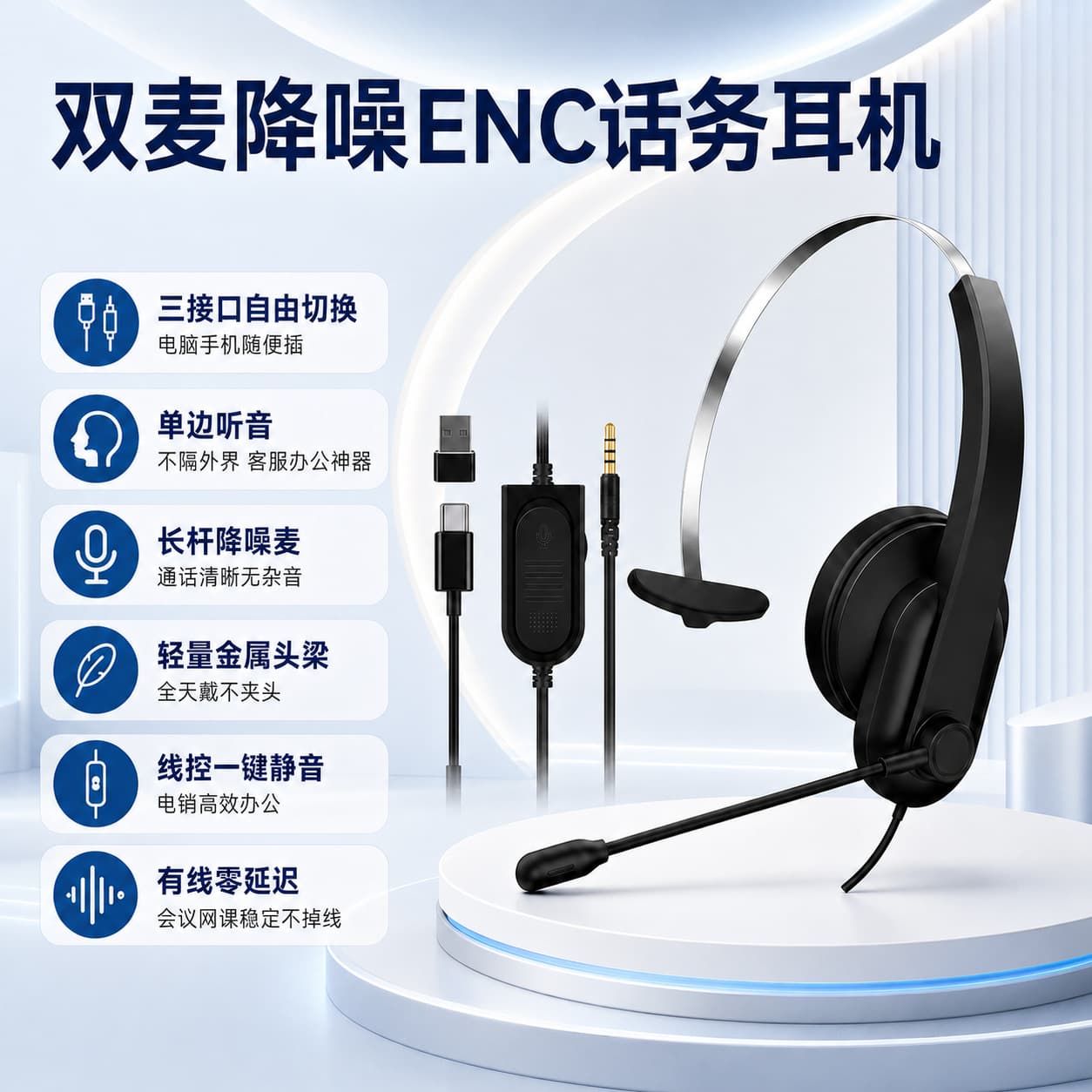 Single-Ear Teams Dual-Mic Noise Cancelling ENC Call Center Headset Over-Ear Truck Driver Headset Customer Service Cross-Border Wholesale