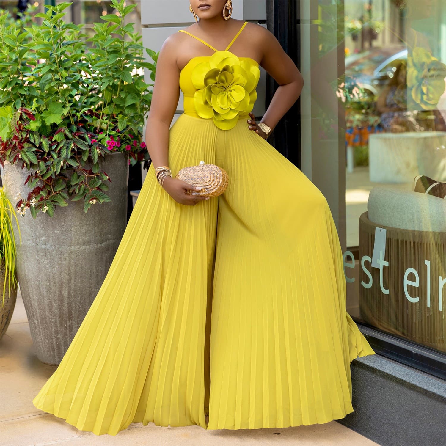 C8602 cross-border women's clothing Amazon European and American summer halter neck three-dimensional flower solid color wide leg large size foreign trade jumpsuit