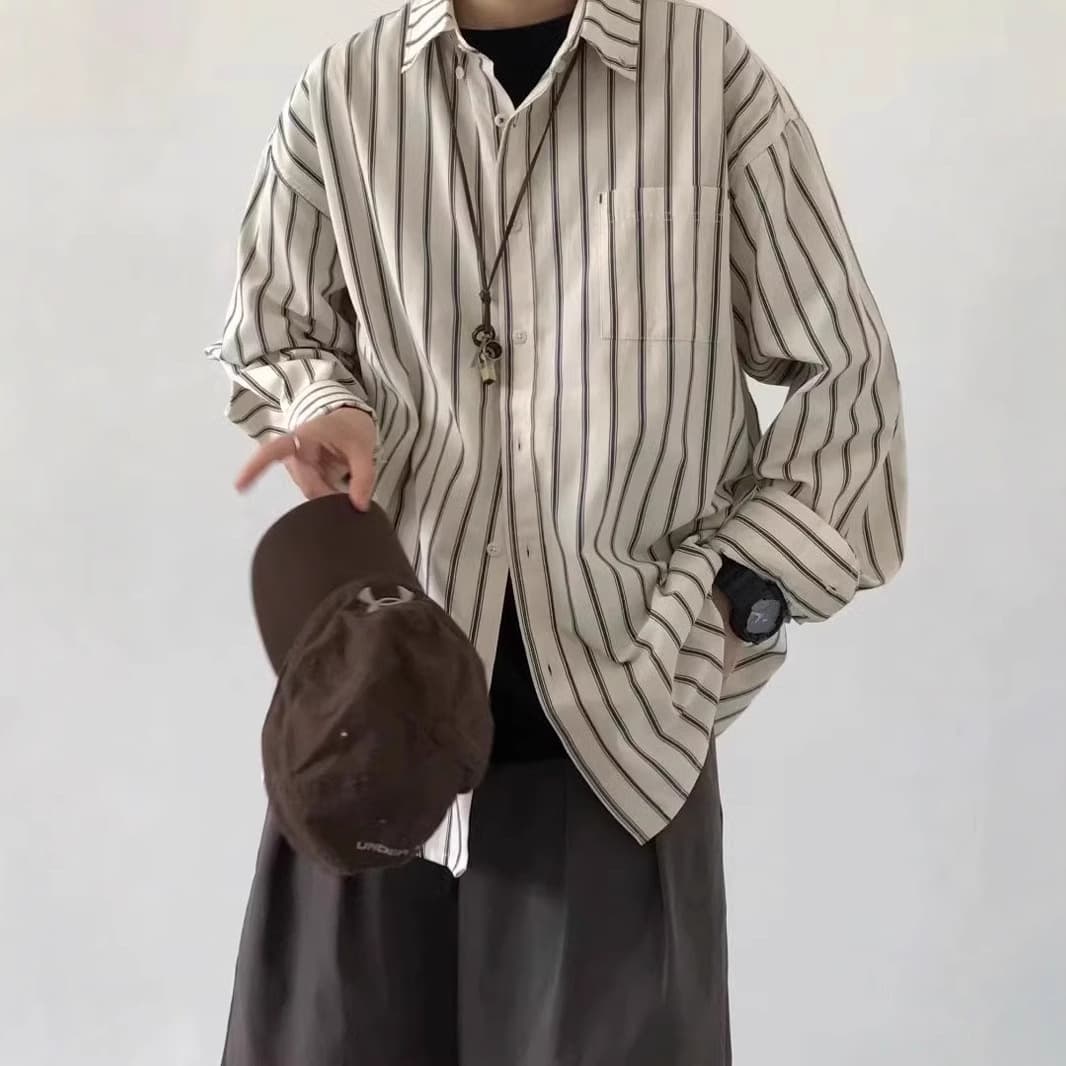 Unisex Striped Long Sleeve Shirt for Men, Japanese Vintage Layering Top, Designed with a Sense of Style, Niche Inner Wear or Outerwear for Spring and Autumn
