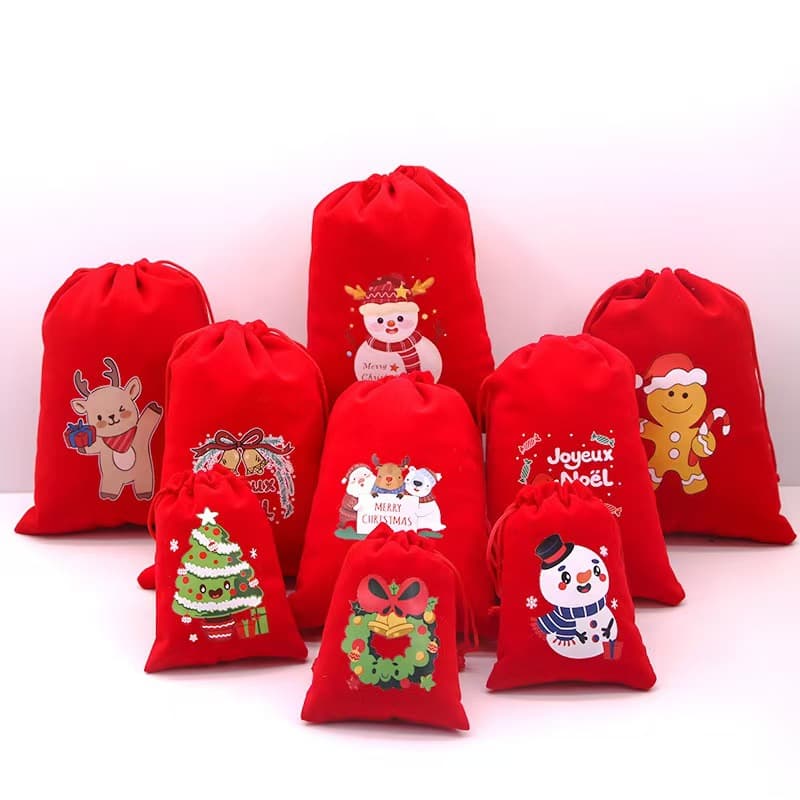 New hot-selling Christmas bright red velvet drawstring bags, ready for Christmas apples, candy gifts, and drawstring storage