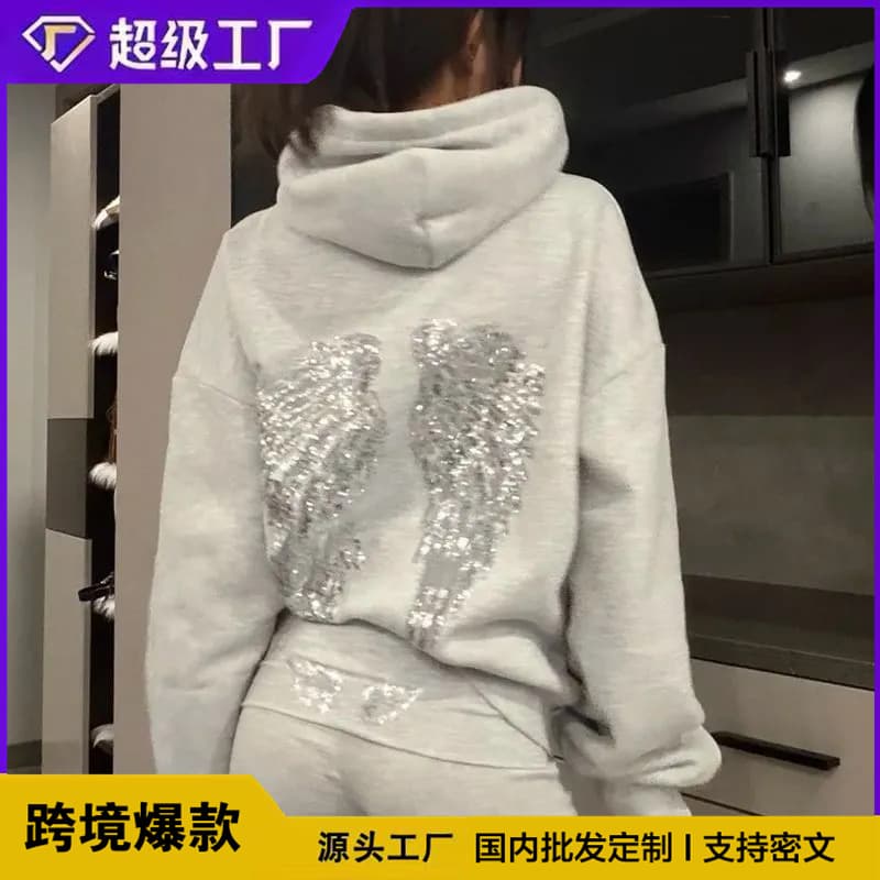 2024 New Cross-Border Spring/Autumn Fashion Sequin Embroidered Wing Design Commuter Couple Hoodie