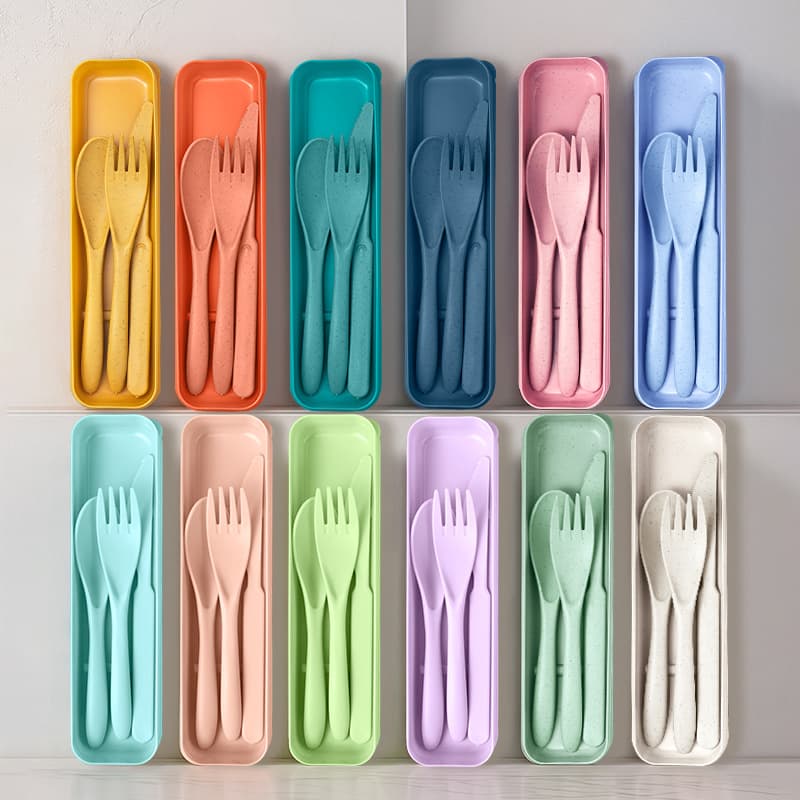 Portable Wheat Straw Knife, Fork, Spoon Cutlery, Travel Picnic Children Reusable Lunch Box Plastic Dining Utensils