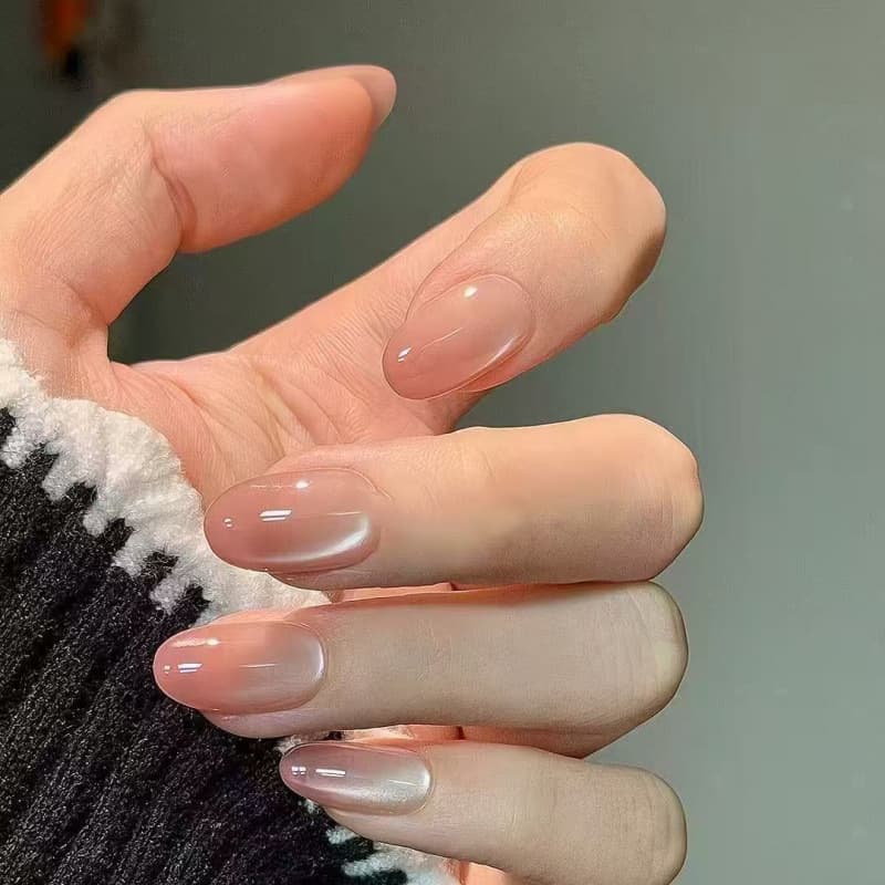 Handmade nude glass beads cat eye removable ins wearable nails nude powder gradient gentle whitening short manicure
