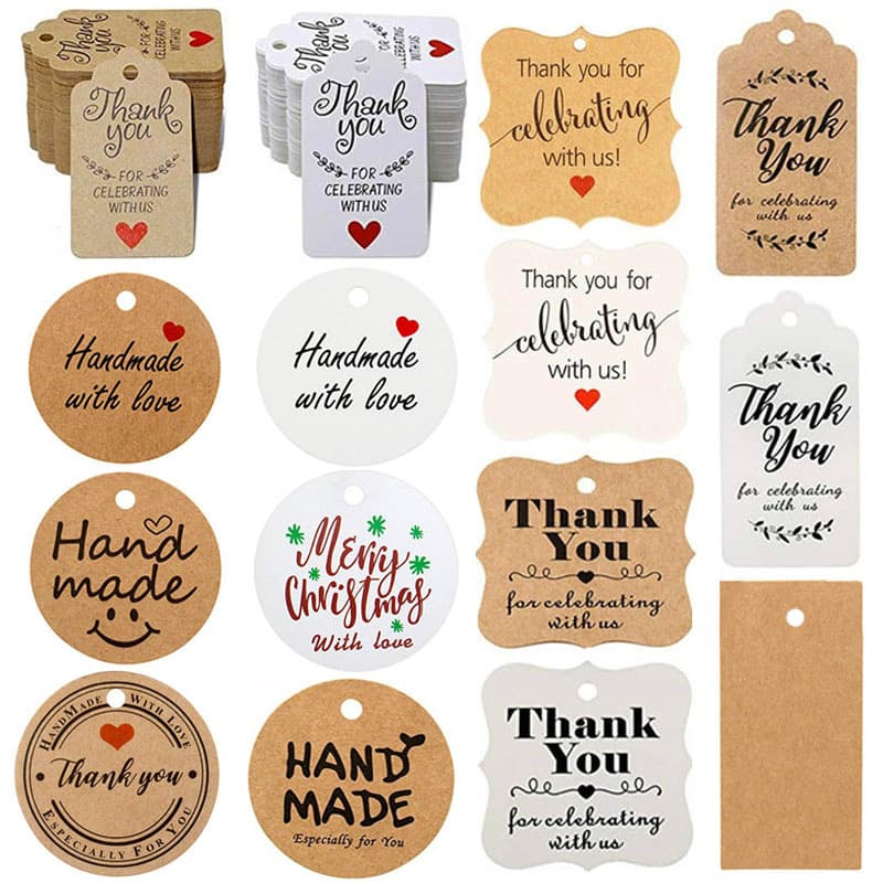 100pcs/bag Thank You Tag Gift Decoration Label Holiday Gift Card with Jute Rope DIY Craft Card