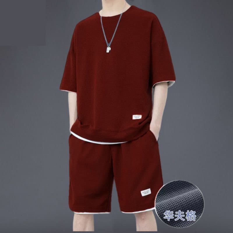 Men's Casual Sport Set Summer Ice-Feel Trendy Loose Waffle Short Sleeve and Shorts Stylish Outfit