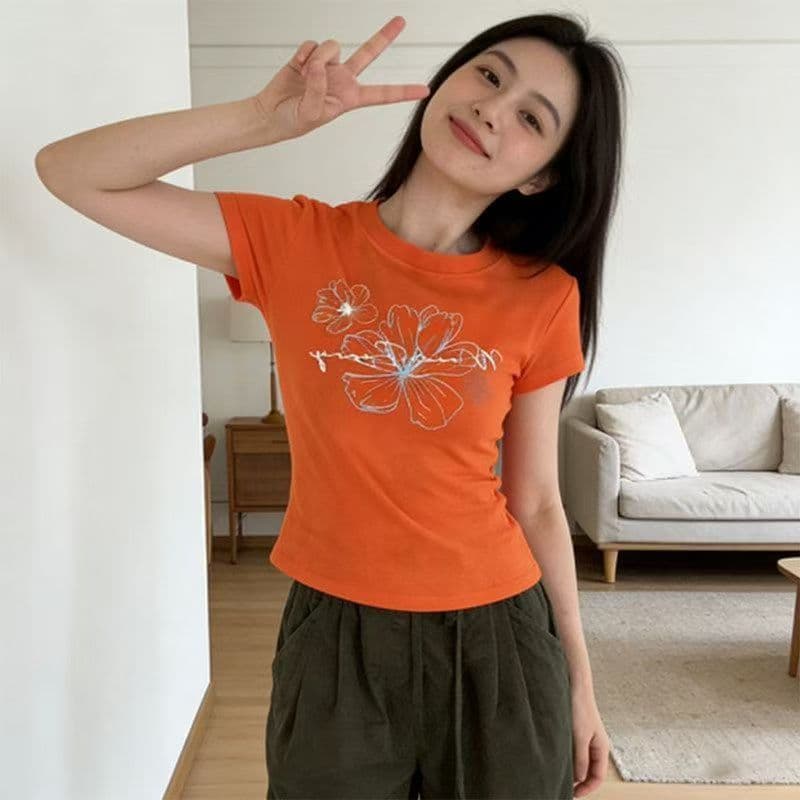 Dopamine Hot Girl Right Shoulder Short Sleeve Women's Summer Flower Print Orange T-Shirt Slim Slim Resort Style Short Top