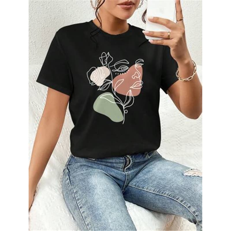 2025 Round Neck Floral Print Tee - European and American Street Style Cotton Crewneck