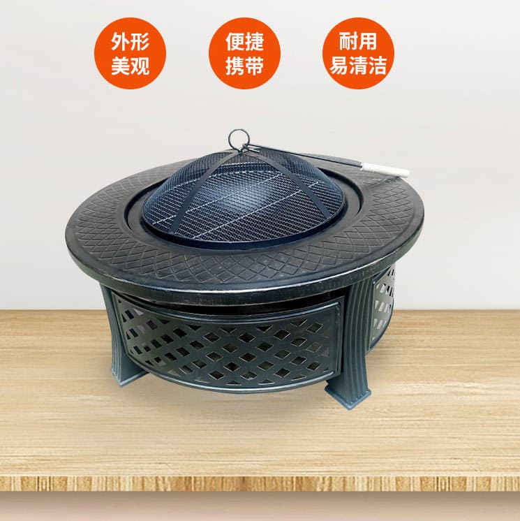 Outdoor Patio BBQ Grill Portable Round Fire Pit for Tea Boiling, Charcoal Heating, and Barbecue Rack
