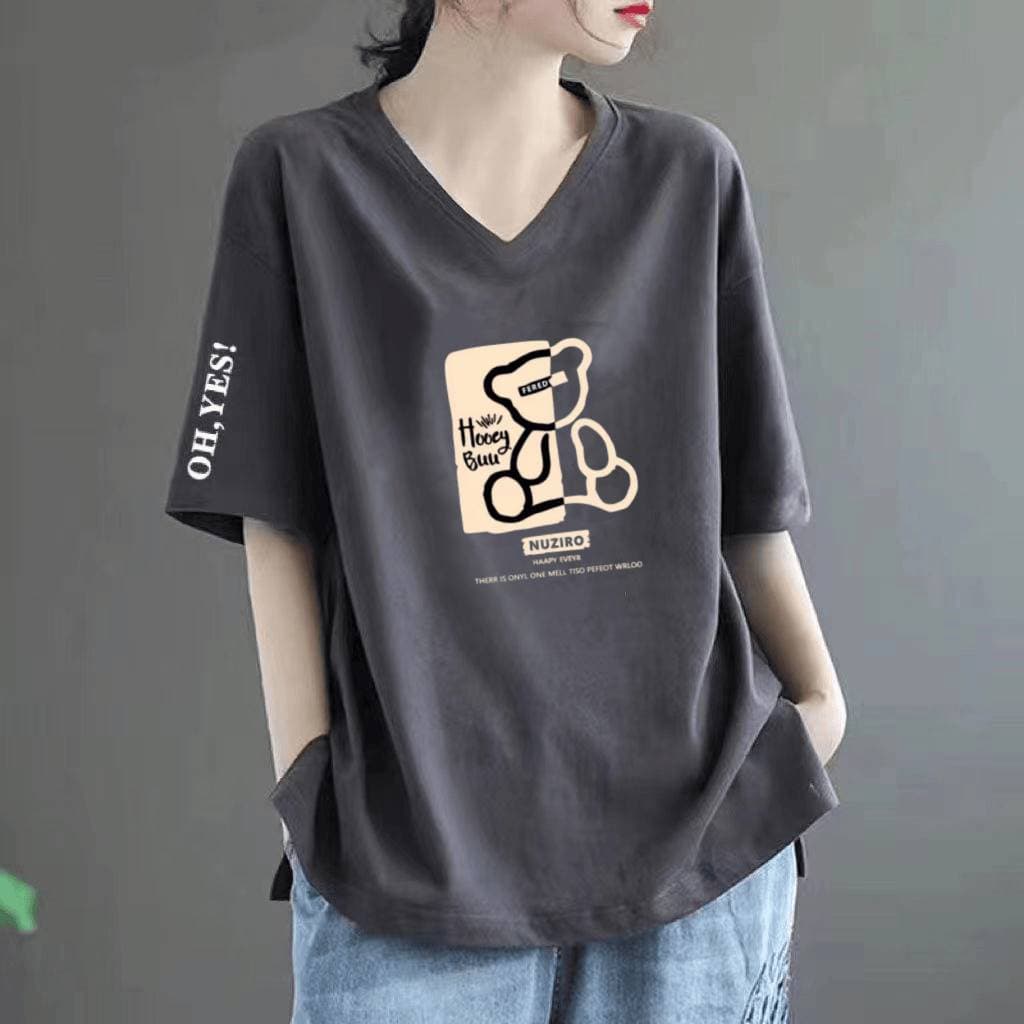 2026 New Summer Women's Short-Sleeve T-Shirt with Regular Shoulder, Loose Fit, Cotton-Like Fabric, V-Neckline, Fashionable Top