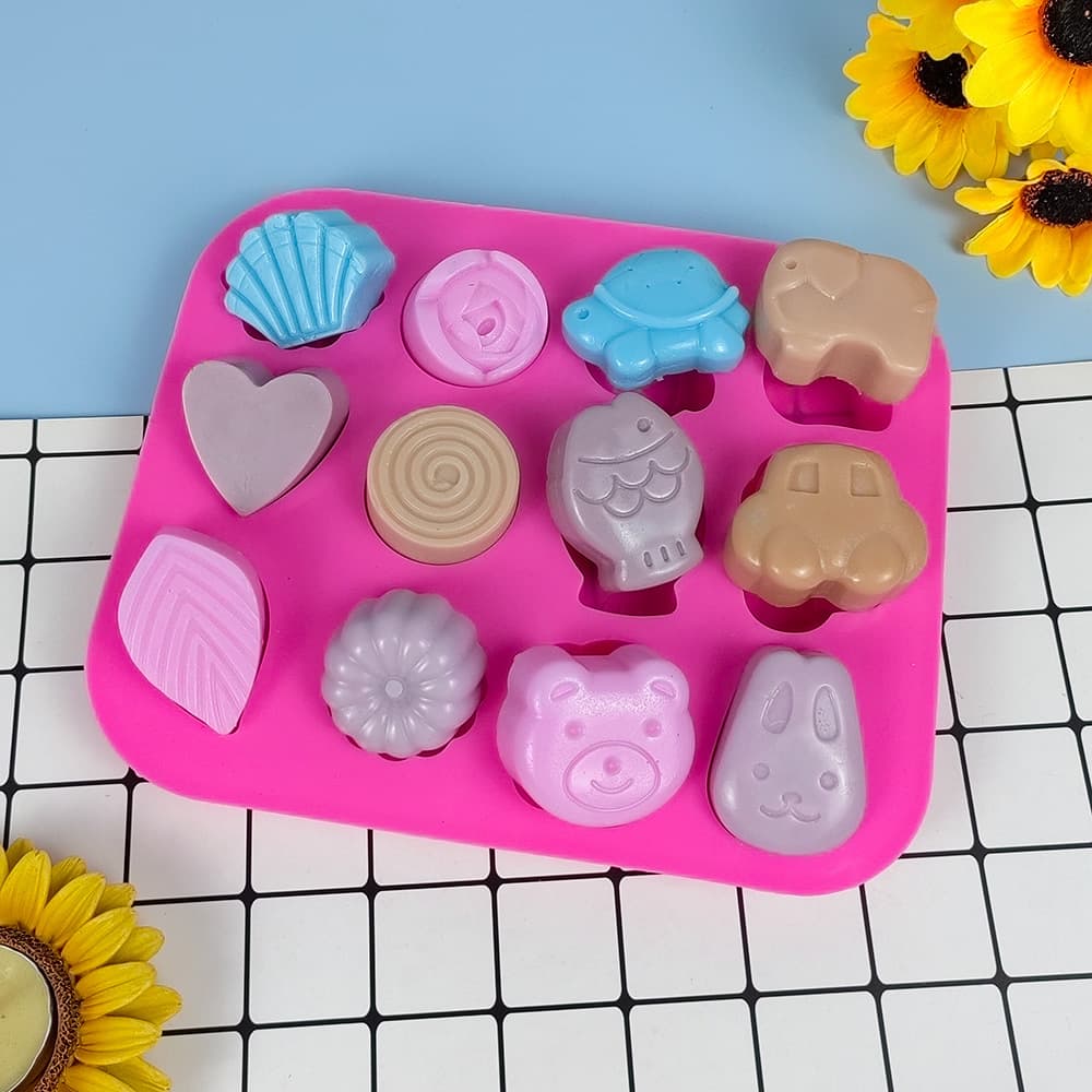 12-Pack Assorted Shape Chocolate DIY Cake Baking Mold Animal Flower Wax Bottle Candy Egg Waffle Silicone Mold
