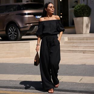 European and American Vacation Style Solid Color Linen Feel Pants Set Women Two Piece Set Off Shoulder Fitted Waist Top Breathable Lightweight Wide Leg