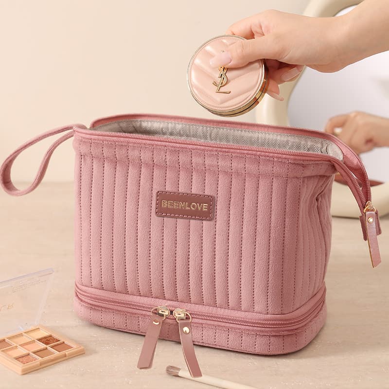 Runhui Autumn/Winter New Dutch Velvet Double-Layer Cosmetic Bag with Leather Label Version Makeup Storage Bag Large Capacity
