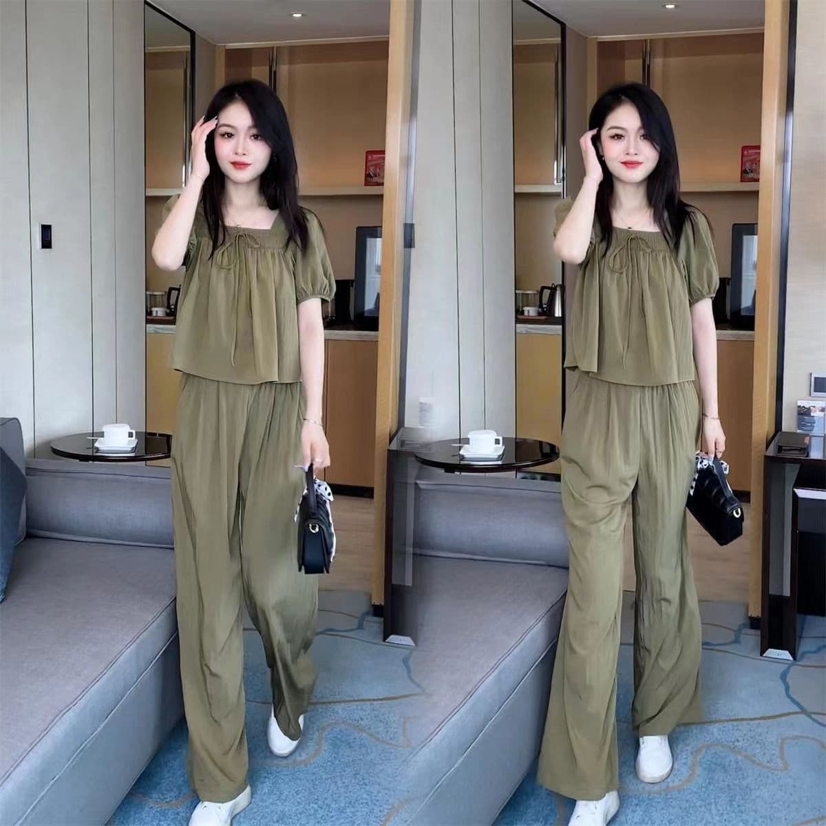 2024 Summer Temperament Square Neck Bubble Sleeve Blouse Versatile Slimming Wide Leg Pants Two-Piece Set New Fashion Youthful Outfit