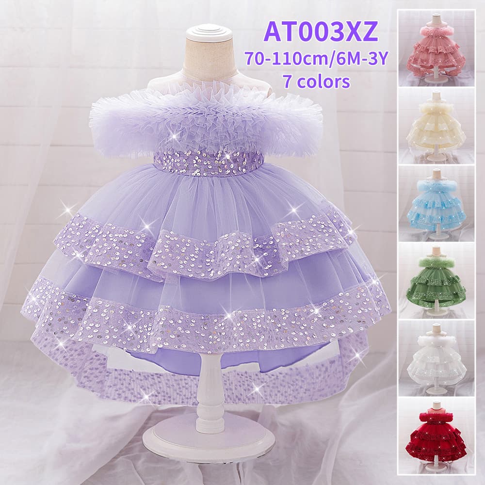 2026 New Girls Tulle Pleated Dress Birthday Princess Dress Sequins Cake Skirt Children's Train Dress