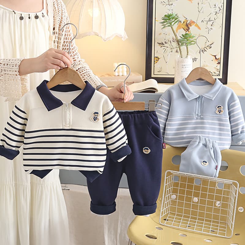 College style striped polo two-piece set for boys and girls, spring and autumn lapel half-zip sweatshirt, children's versatile children's clothing