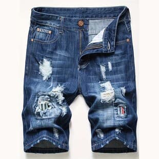 Men's Denim Shorts Summer Ripped Stretch Casual Mid-Length Slim Fit Tight Distressed Pants Cross-Border