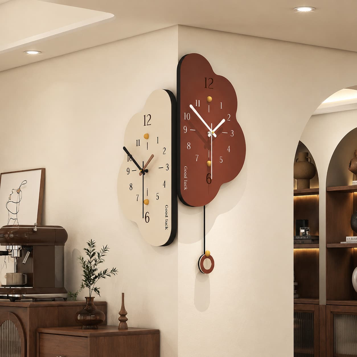 Cream style corner clock home decoration double-sided wall clock living room high-end personalized creative corner clock wall hanging
