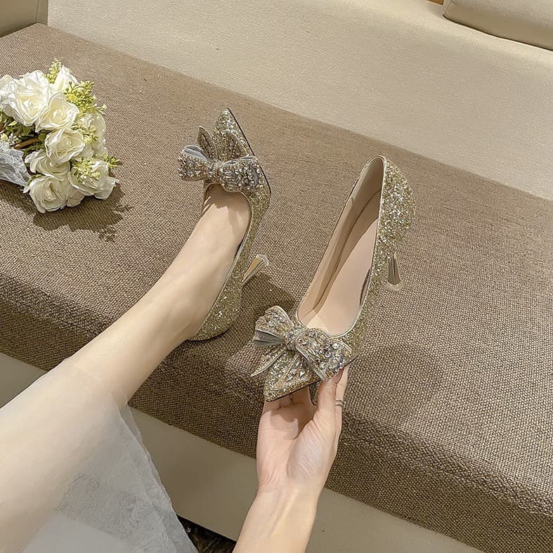 316-A97 New Style High Heel Women's Thin Heel Rhinestone Butterfly Bridesmaid Crystal Shoes Wedding Bride Shoes French Style Pumps