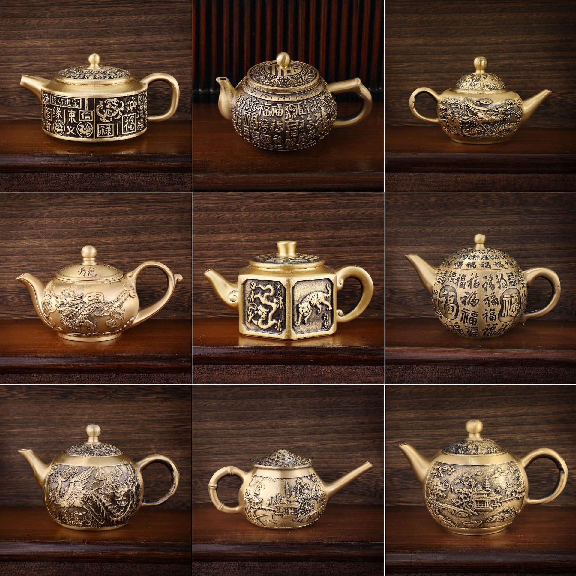 Brass Four Divine Beasts Teapot Dragon and Phoenix Chengxiang Teapot Landscape Teapot Fuyun Teapot Fisherman’s Teapot Momofuku Teapot