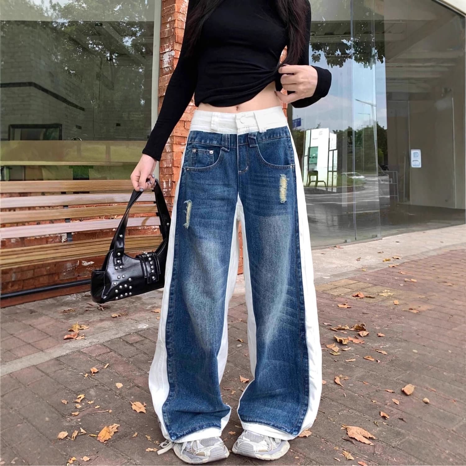 Designed white and blue stitching contrasting color jeans for men and women with slightly flared American loose straight wide-leg slim floor-length trousers