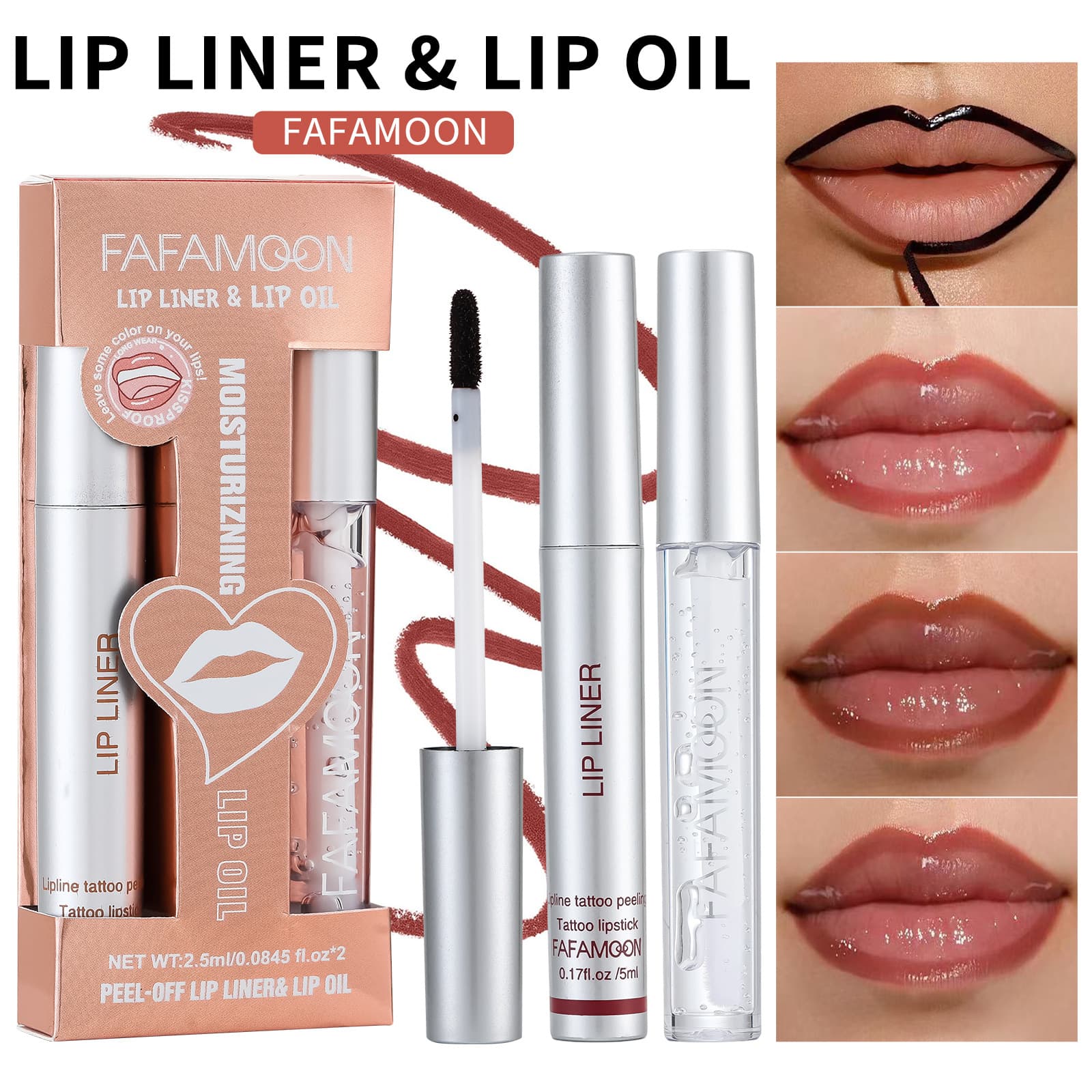 FAFAMOON 2-Piece Lip Gloss Set, Moisturizing, Long-Lasting Color, Smudge-Proof, Peel-Off Lip Tint, Lip Oil, Lip Liner, Plumping