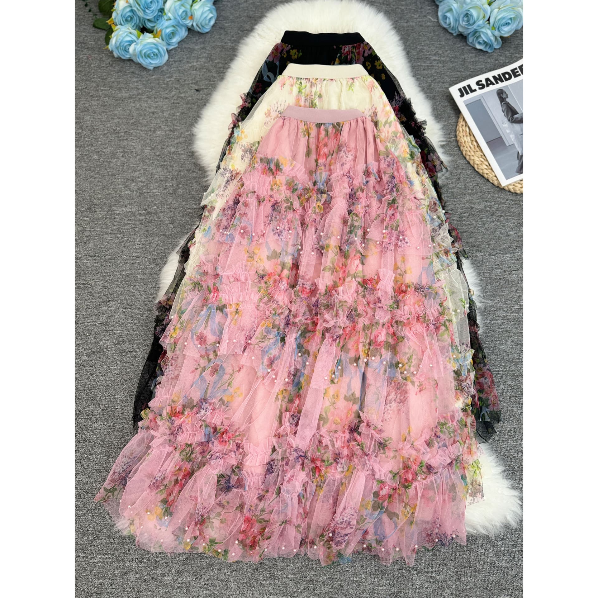 Vintage Heavy Craft Oil Painting Court Style Beaded Hem Printed A-Line Tulle Skirt Colorful Layered Mesh Long Skirt for Women