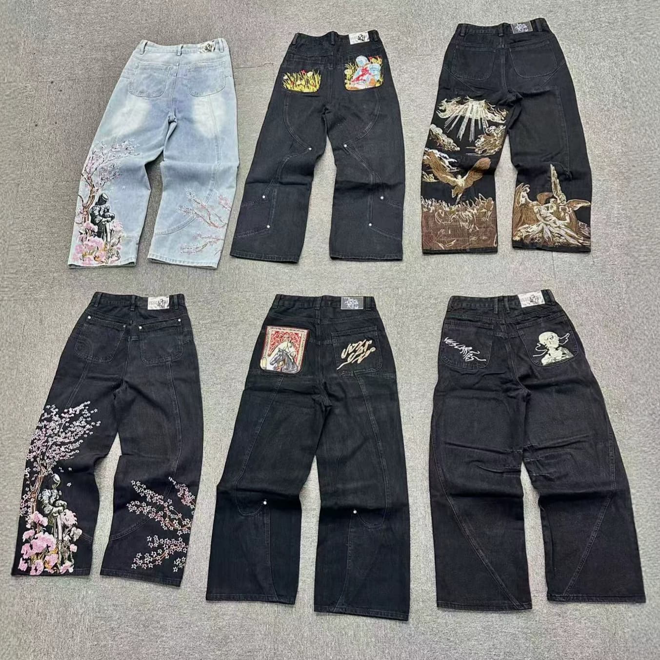 VESCARTES Sakura Knight Denim Pants Straight Loose Wide Leg Heavy Embroidery Pants Ins Trendy Export