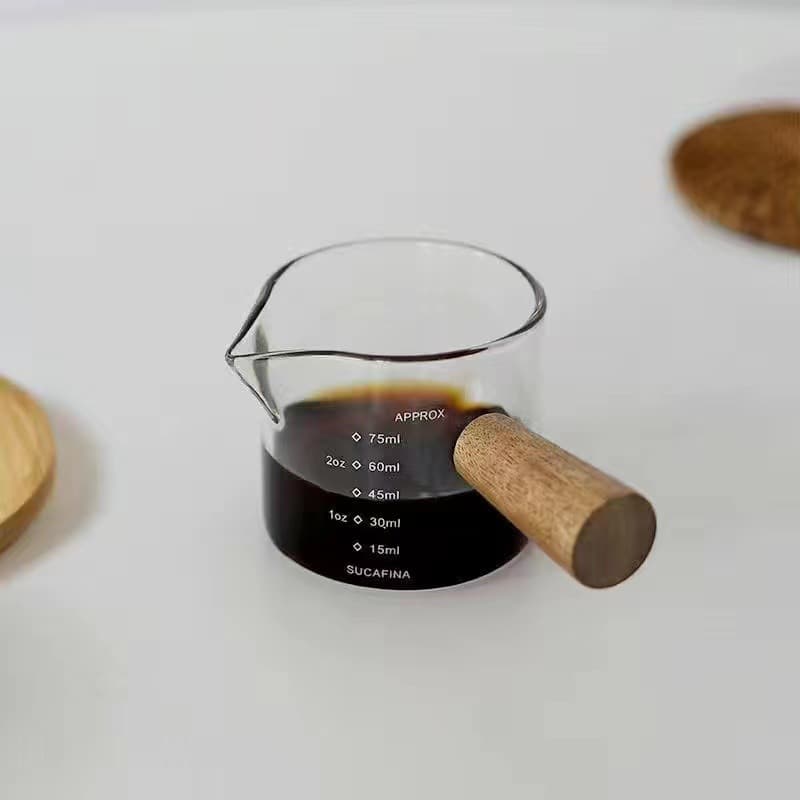Milk Pitcher Espresso Measuring Cup with Milk Cup Mini Sauce Wooden Handle Milk Jug Glass Small Milk Cup