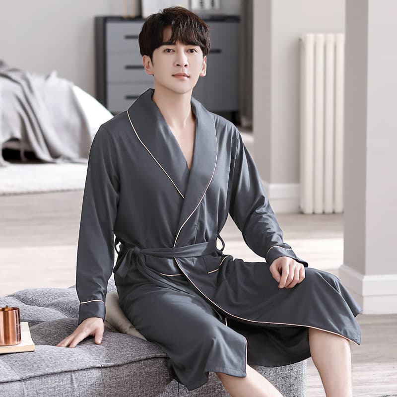 Men's One-Piece Sleepwear Modal Long Sleeve Bathrobe Comfortable Breathable Casual Home Wear V-Neck Large Size Autumn Winter