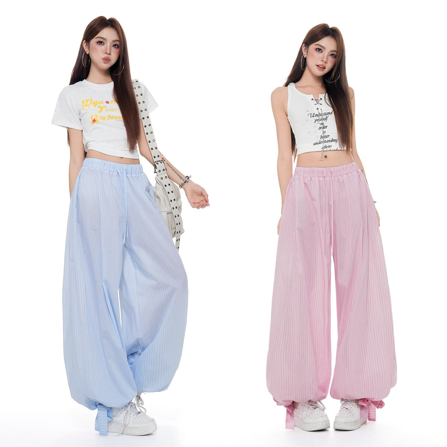 Txj Blue Fresh Striped Texture Cool Lantern Pants for Women, Summer Thin Style, Lazy Fit, Cuffed Wide-Leg Balloon Pants