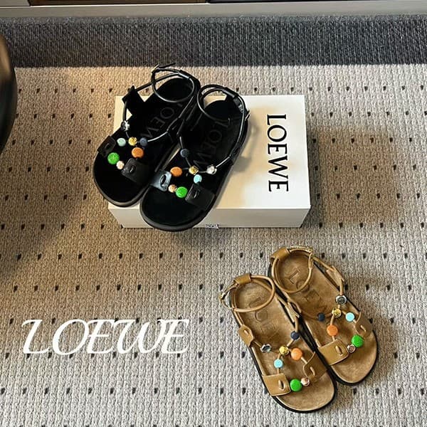 Loewe Retro Colorful Candy Beaded Embellished Sandals, Open-Toe Flat Shoes with Thick Straps, Available in Two Colors