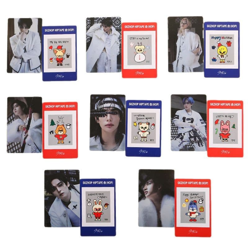 STRAY KIDS photocards special edition album HOP collaboration, featuring Hwang Hyun-jin, FELIX, Bang Chan, and HAN.