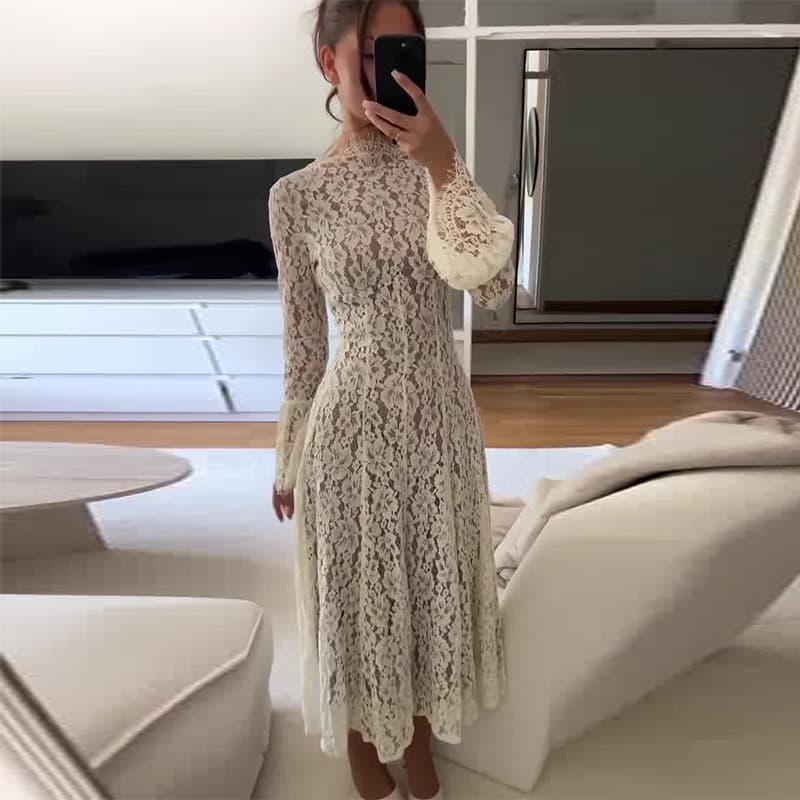 2026 new women's clothing European and American Amazon cross-border foreign trade bell-sleeved waist hollow white lace dress
