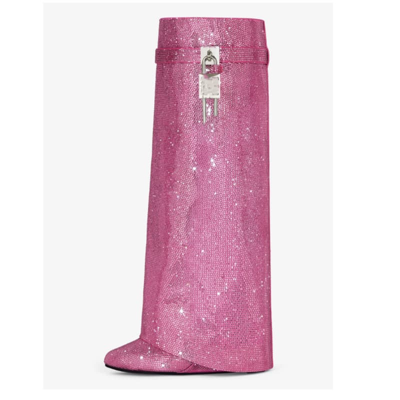 Women's Long Tube Pointed Toe Knight Boots 2023 New High Heel Shoes Full Rhinestone Slope Heel Shark Buckle Pants Tube Boots High