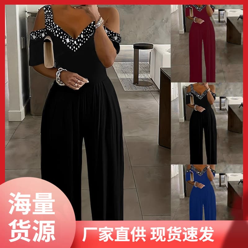 2025 New Women's Off-Shoulder Jumpsuit Polka Dot Patch V-Neck Wide-Leg Pants Cross-Border Fashion Party Commute