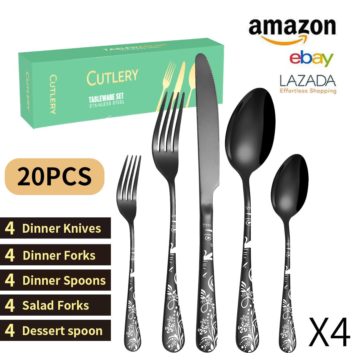 Cross-border Amazon Pattern Stainless Steel Cutlery Set 4-Person Gift Box 1010 Hotel Western Steak Knife Fork Spoon