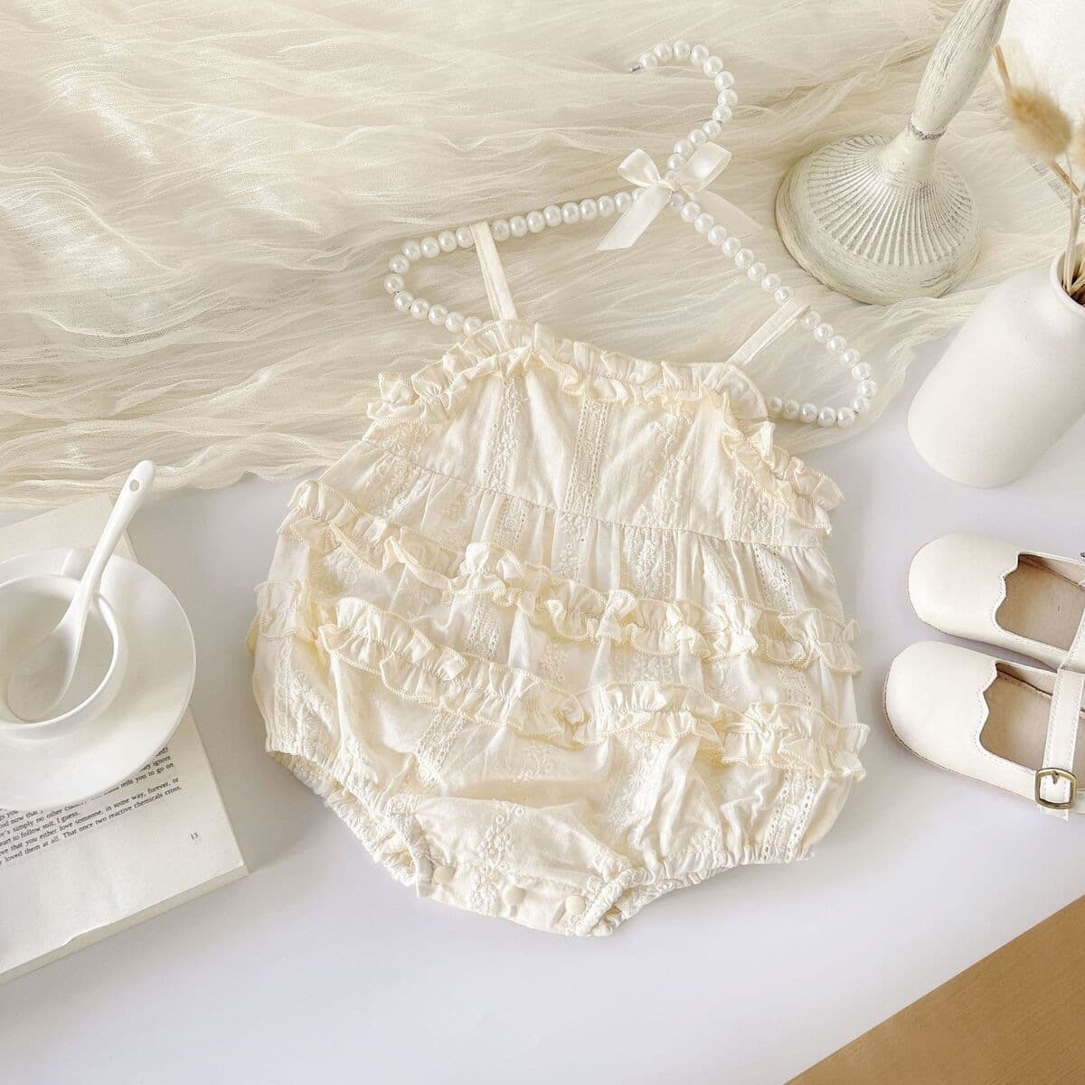 Summer Korean-style Baby Girl Romper 1-3 Years, Strapless Ruffle Apricot Lace Simple Crawling Bodysuit