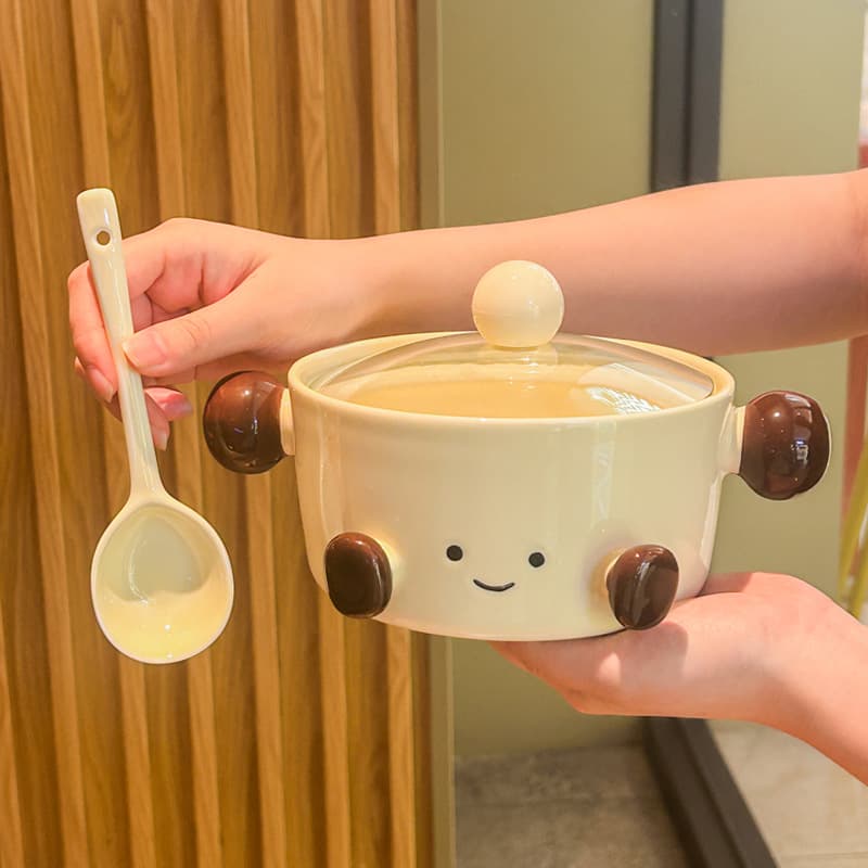 Cute Cartoon Double-Ear Soup Bowl with Lid 2025 New Style High Appearance Instant Noodle Bowl for Rice Noodles Microwave Safe Soup Noodle Bowl
