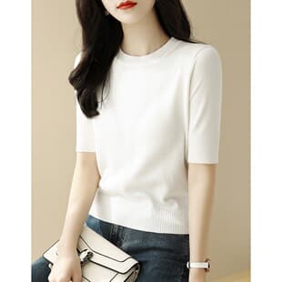 Short Sleeve Knit T-Shirt for Women New Summer Half High Neck Chic Ice Silk Black Top, Thin White
